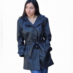 Vintage 1980s Giorgio Sant Angelo Dark Brown Hooded Leather Trench Coat medium